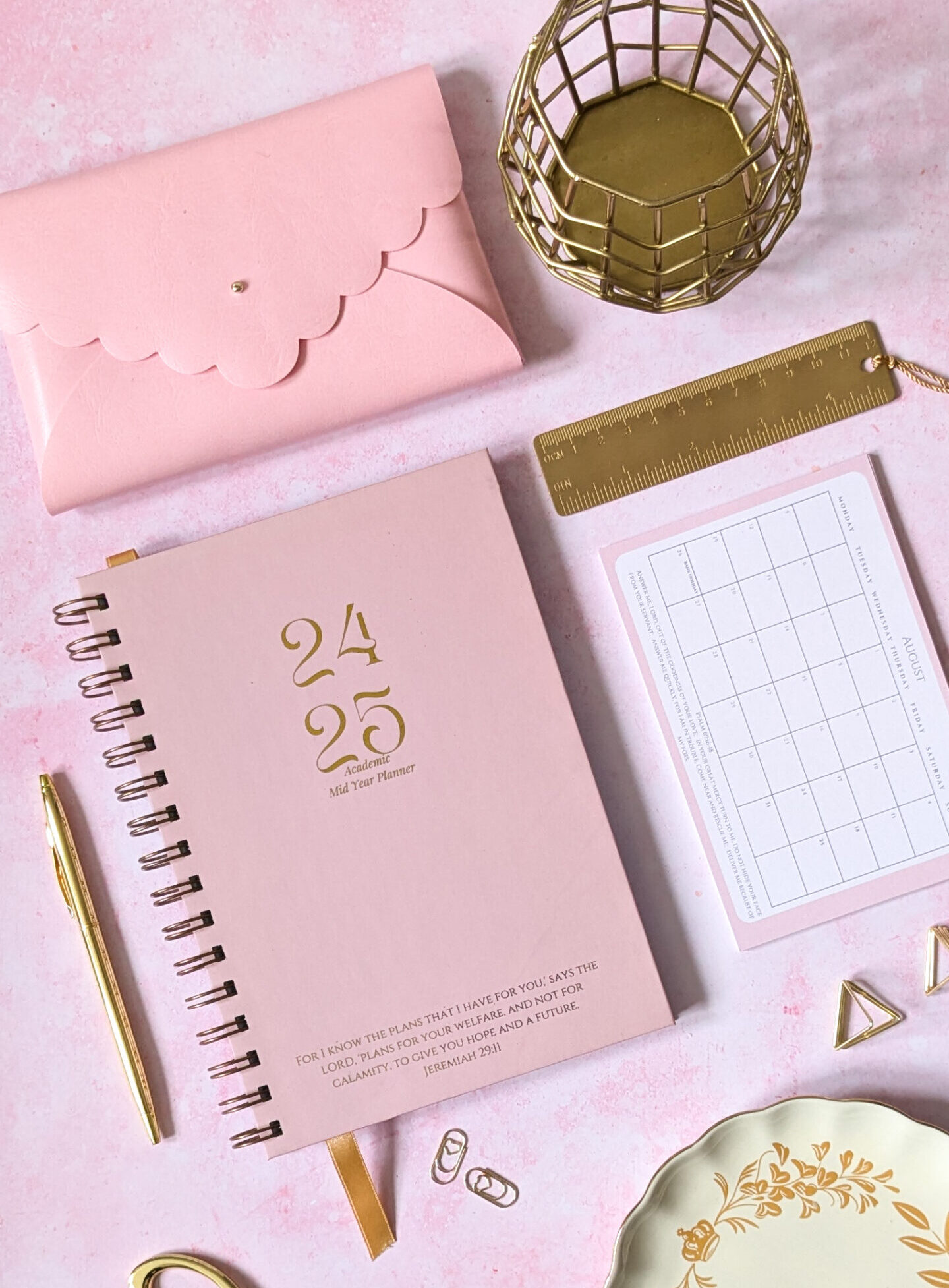 Planner, notepad, and Vegan Leather Pouch by Creative Stationery London - with gold accessories on the table