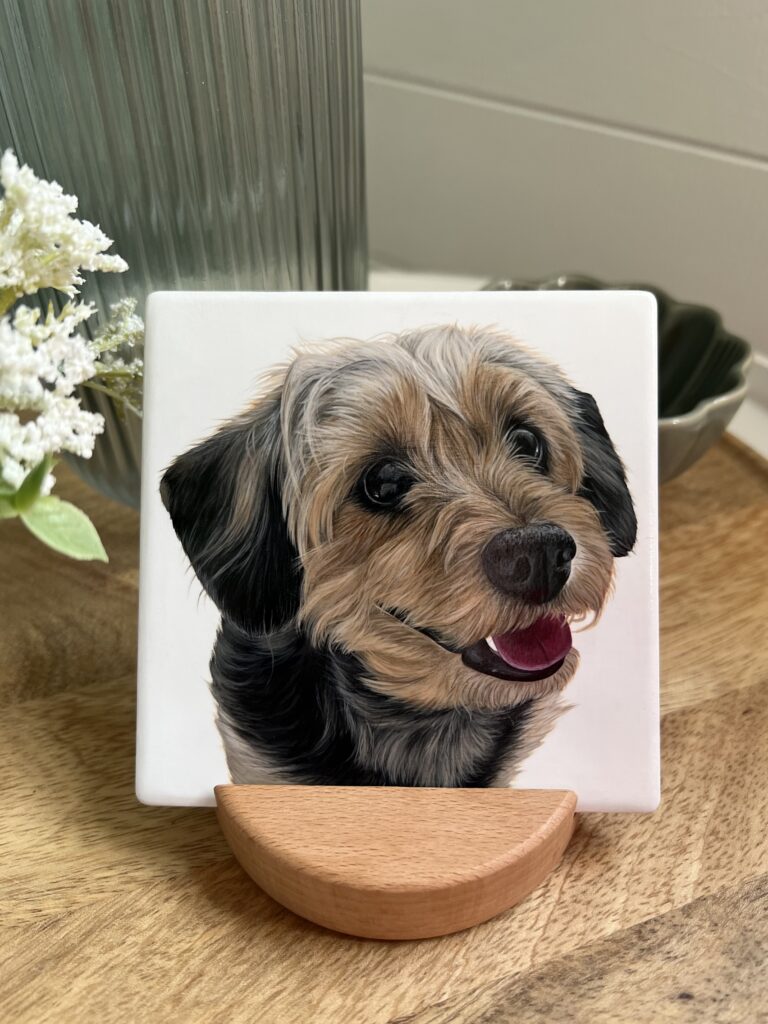 Hand painted pet portrait on a coaster, by self-taught artist, Lucy from Illucetrate