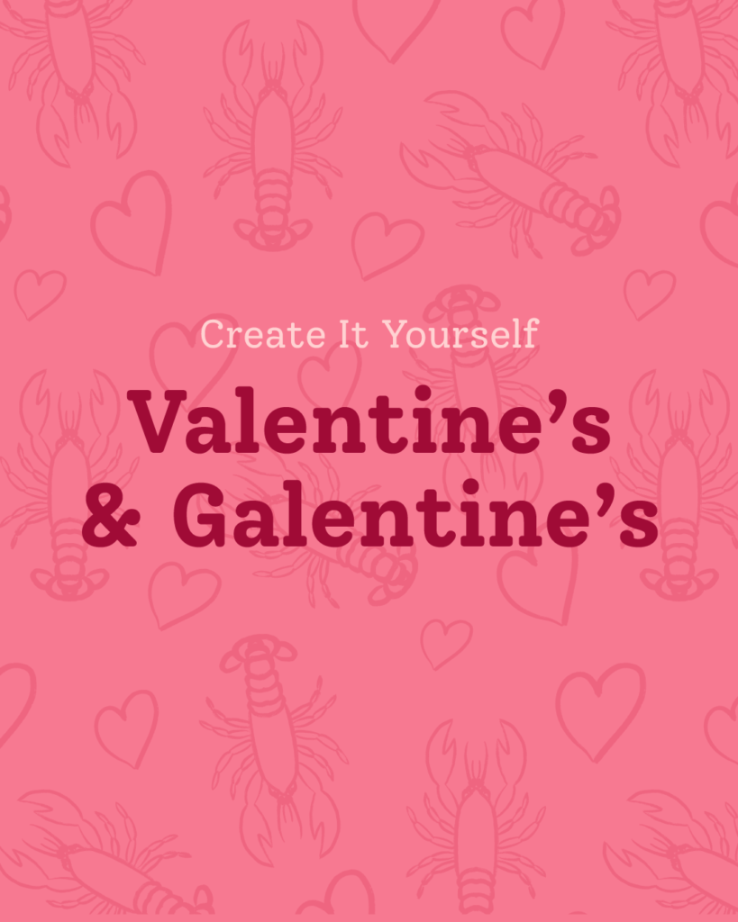 Create It Yourself Valentine's & Galentine's cover image with hearts and lobster pattern background