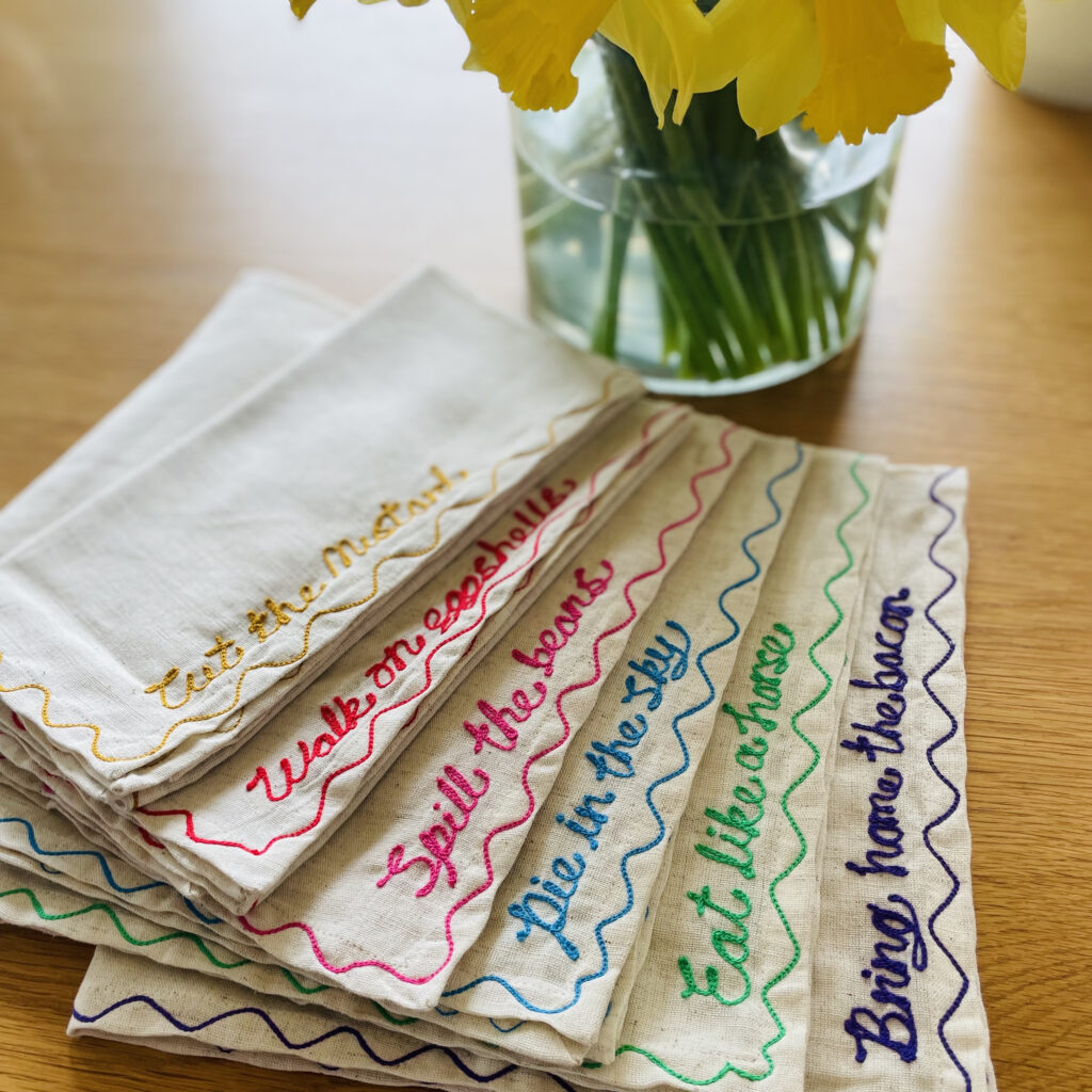 Chainstitch embroidered napkins by Kate See+QUIN