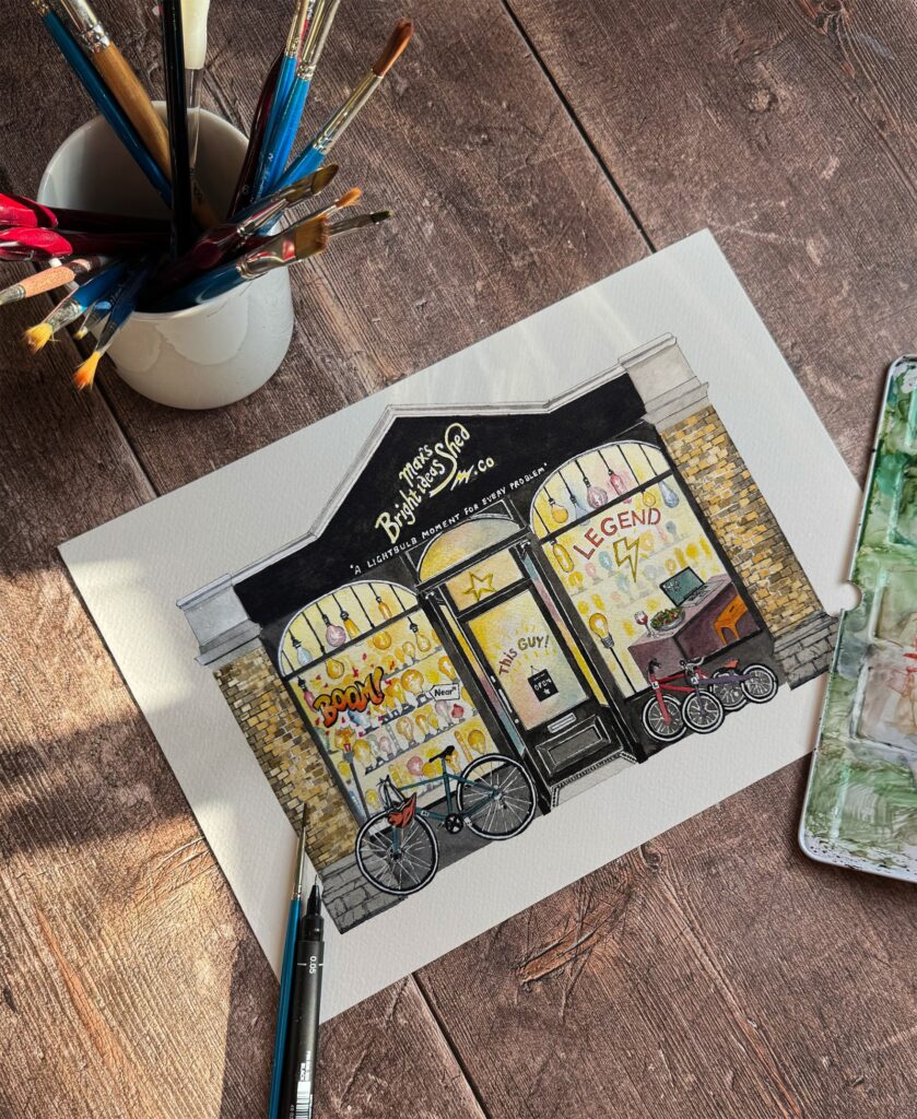 Ink and watercolour shop illustration by Nushy