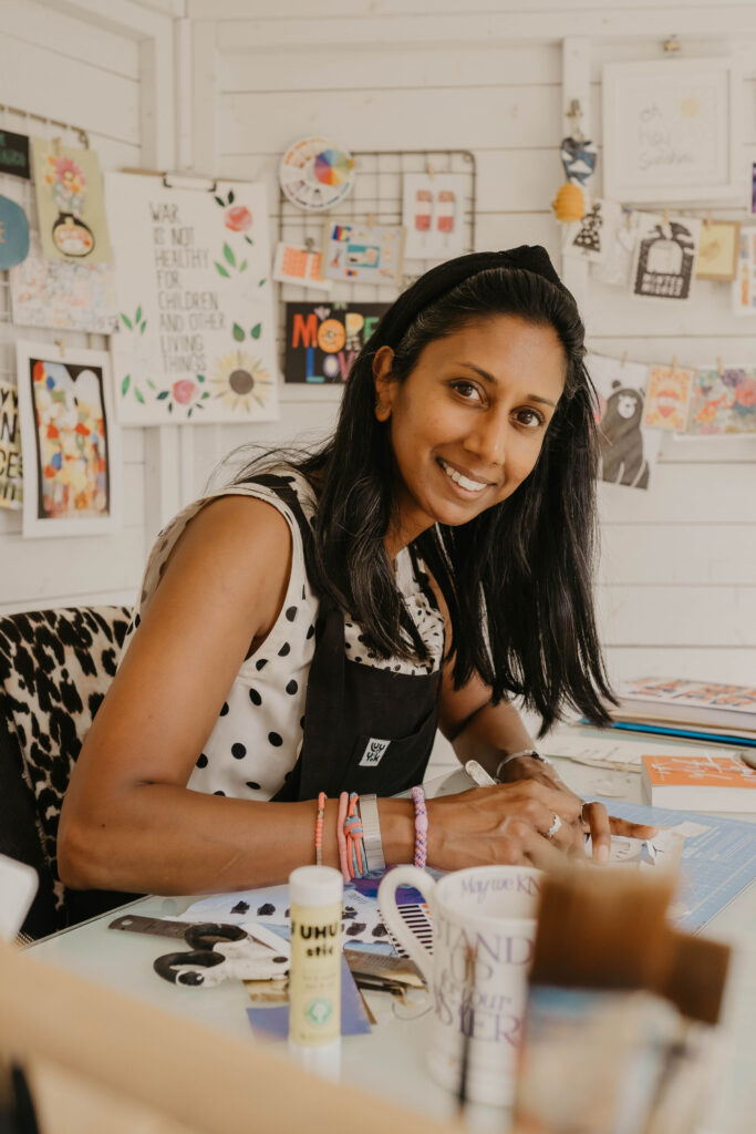 Thaksala in the Inky And The Bears collage and hand-lettering artist studio