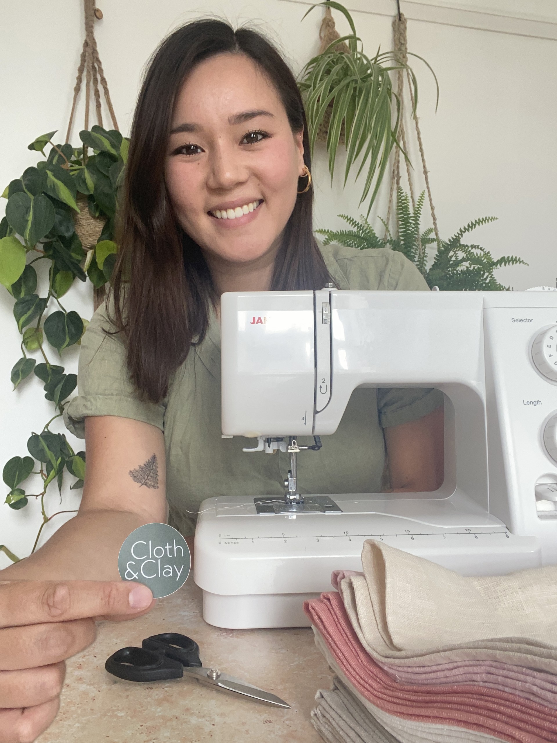 Charlotte from Cloth & Clay, with her sewing machine