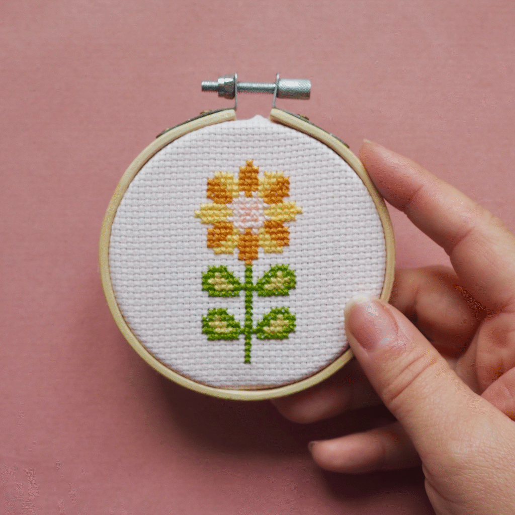 Mini yellow and orange Flower and green leaves Cross-Stitch Kit by Thimble & Fabric