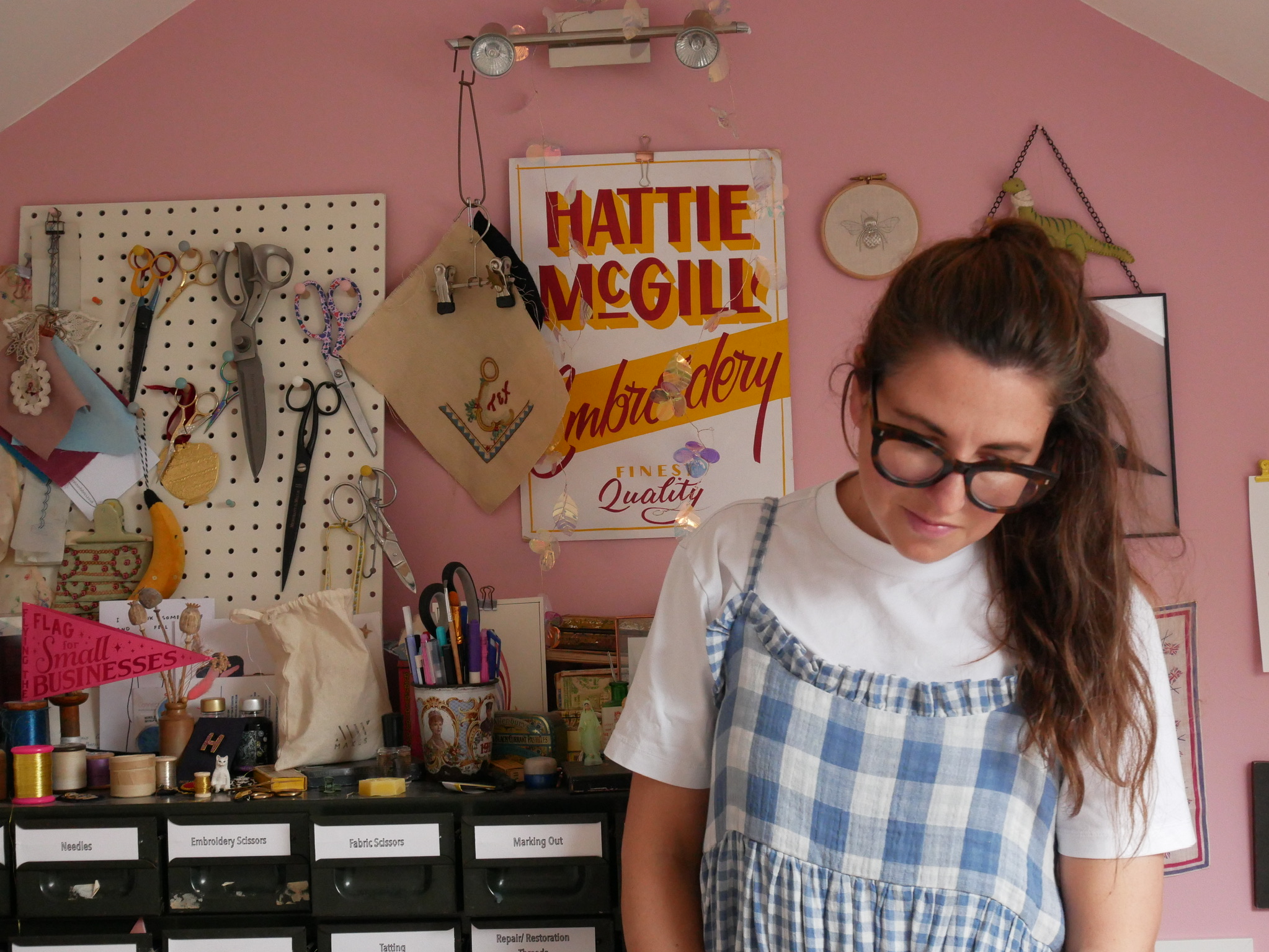 Hattie McGill in her embroidery studio