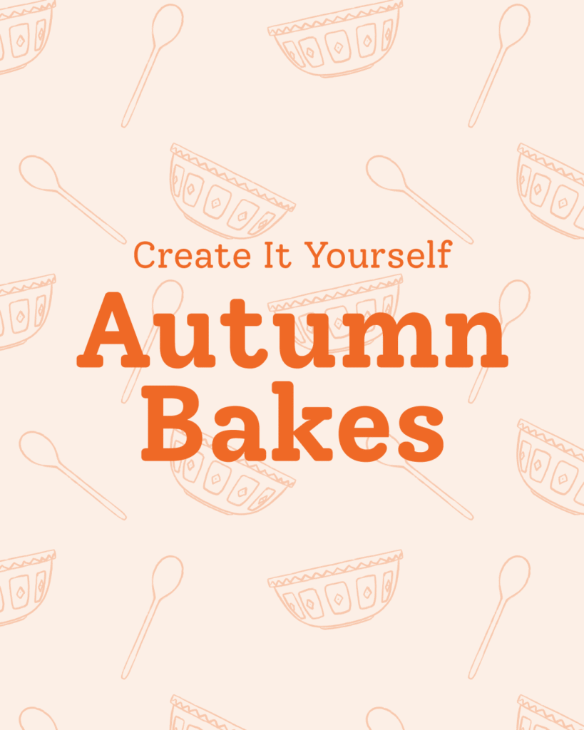 Create It Yourself Feature Autumn Bakes cover image with illustrated wooden spoons and mixing bowls pattern background