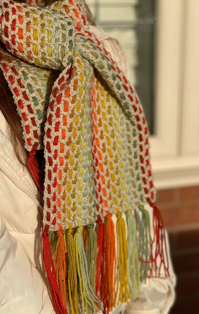 Donna's Autumn crochet scarf from a kit and pattern by Always Knitting and Sewing