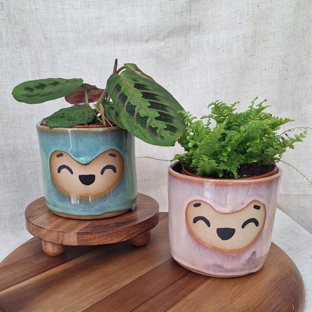 Cute plant pots by Millie's Ceramics - with little hand-painted faces and growing leaves for hair