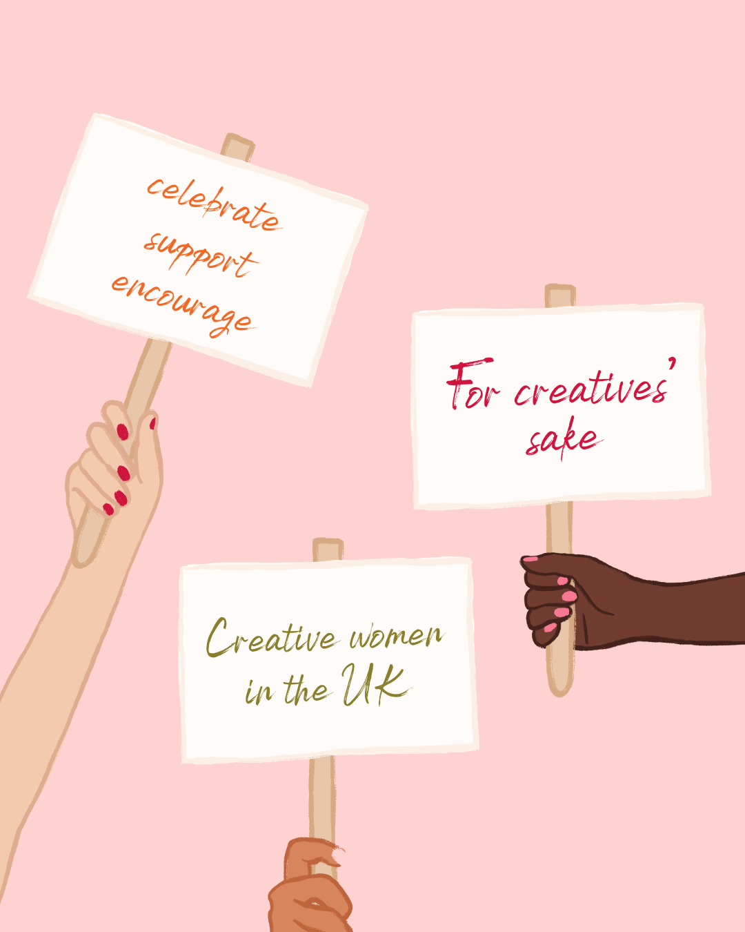 Illustrations of three hands holding placards. One says "Celebrate, Support, Encourage". Another says "Creative Women in the UK". The last says "For Creatives' Sake"