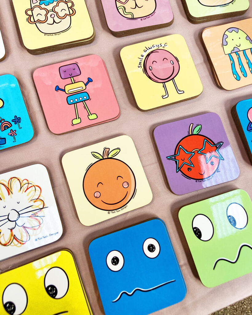 Different colourful and fun illustrated coasters by Tish Tash Designs