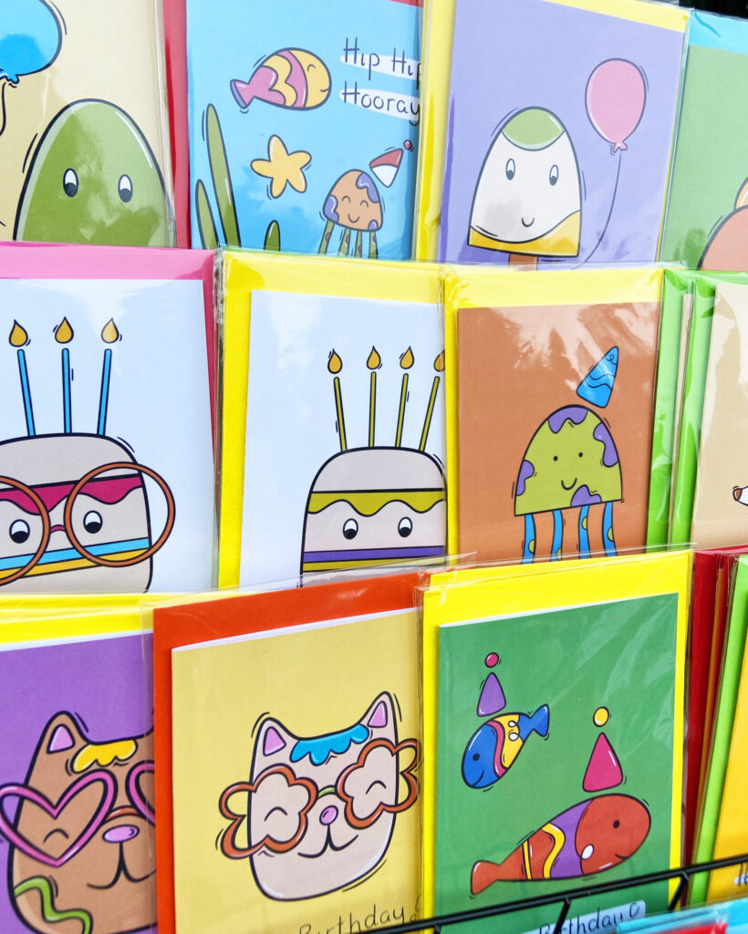 Different colourful and fun illustrated greeting cards by Tish Tash Designs