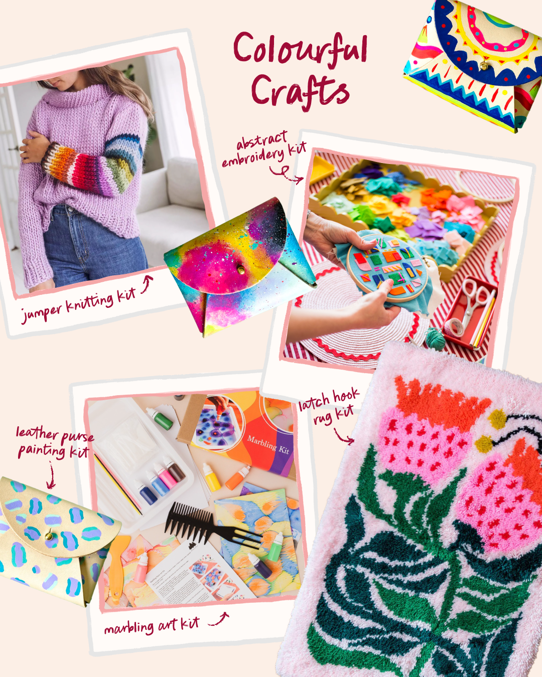A scrapbook style image of Colourful Crafts featured on the For Creatives' Sake blog - with a colourful jumper knitting kit, a leather purse painting kit, an abstract embroidery kit, a latch hook rug kit, and a marbling kit.