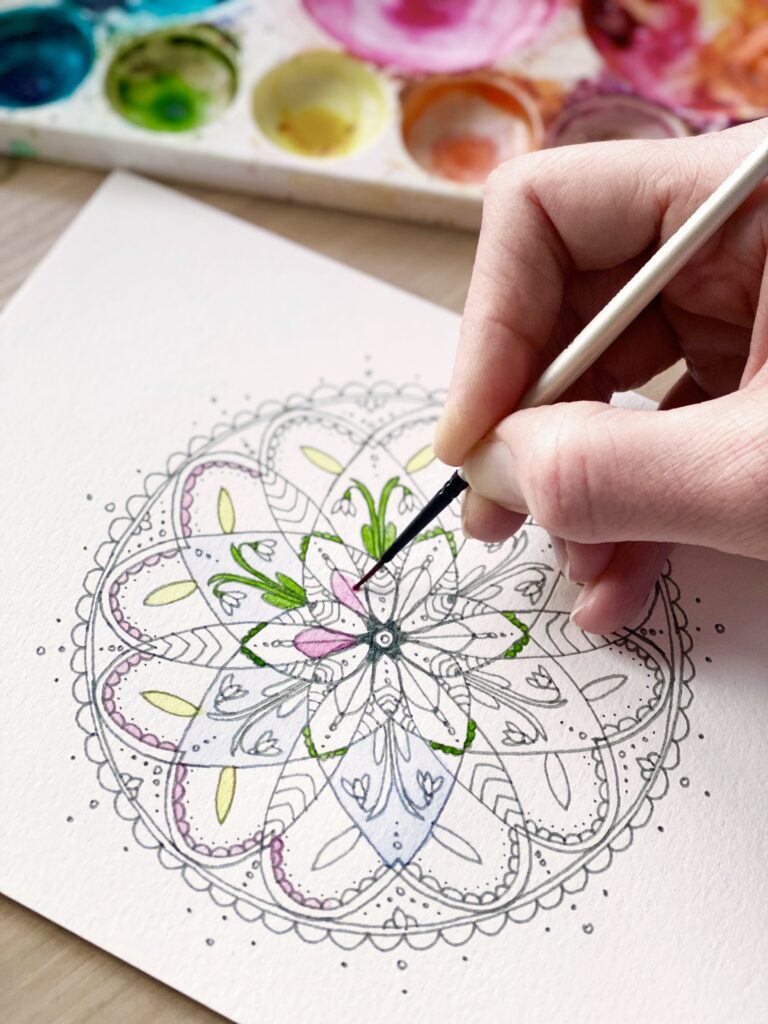 For Creatives' Sake Year of mindful mandala pattern templates, January design, being painting in watercolour