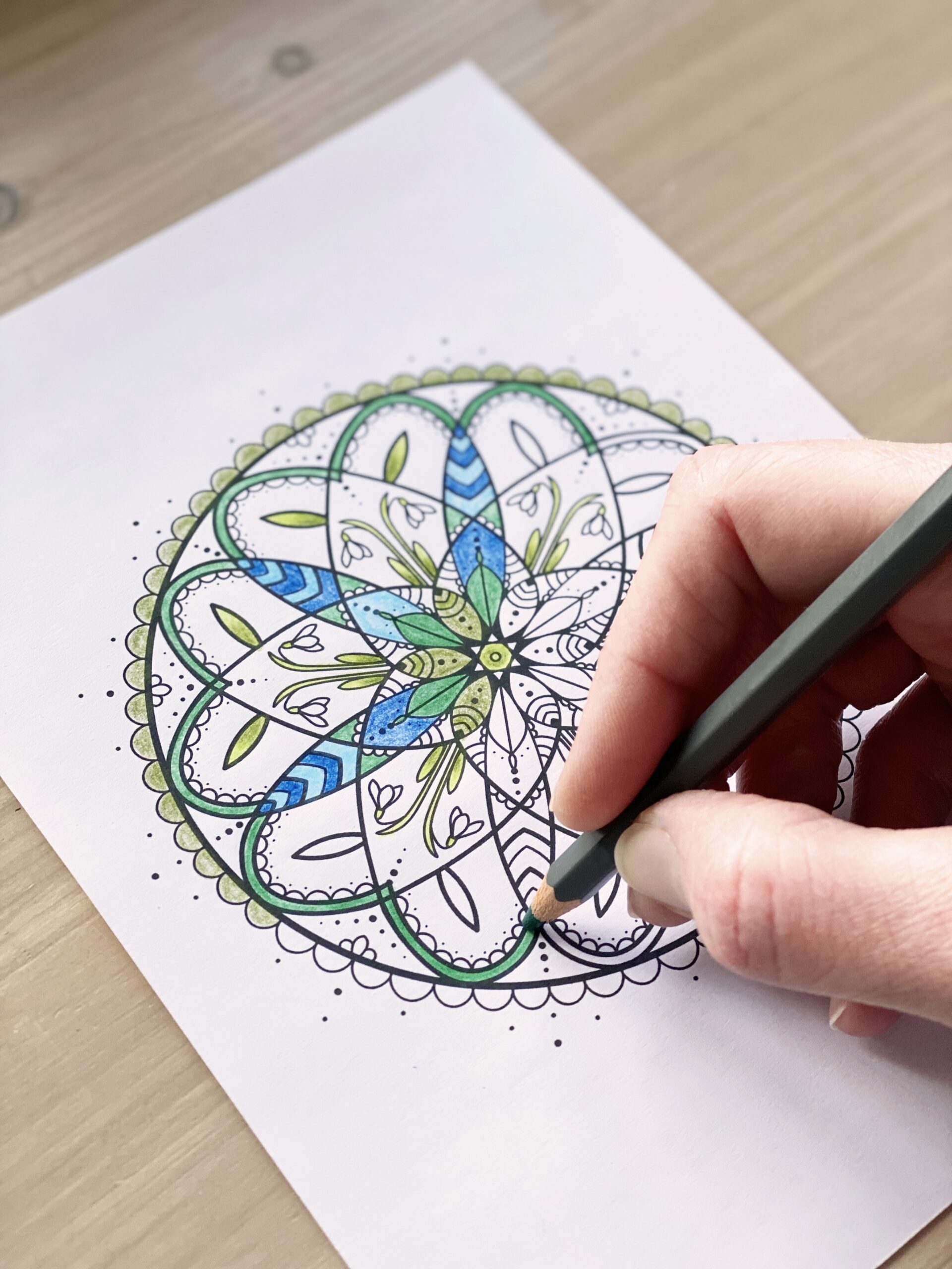 For Creatives' Sake Year of mindful mandala pattern templates, January design, being coloured in