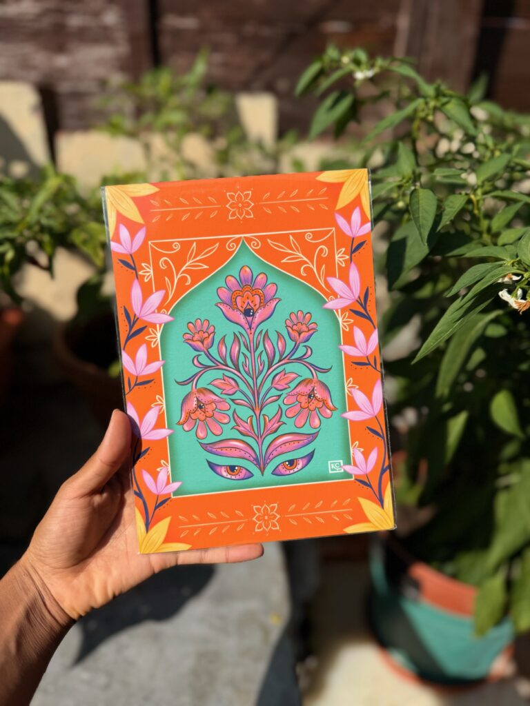 A cultural heritage-inspired illustration by Kamiya Chirodian, with orange, yellow, pink, and turquoise colours and an intricate floral design