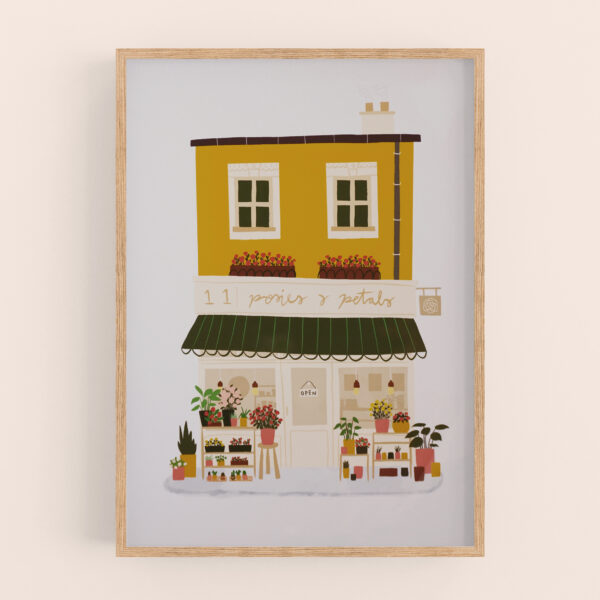 Florist flower shop illustration art print by Emily Nelson - with mustard yellow, dark green, cream, and warm earthy colour palette. Shown in a light wood frame mockup, with a warm cream wall behind.