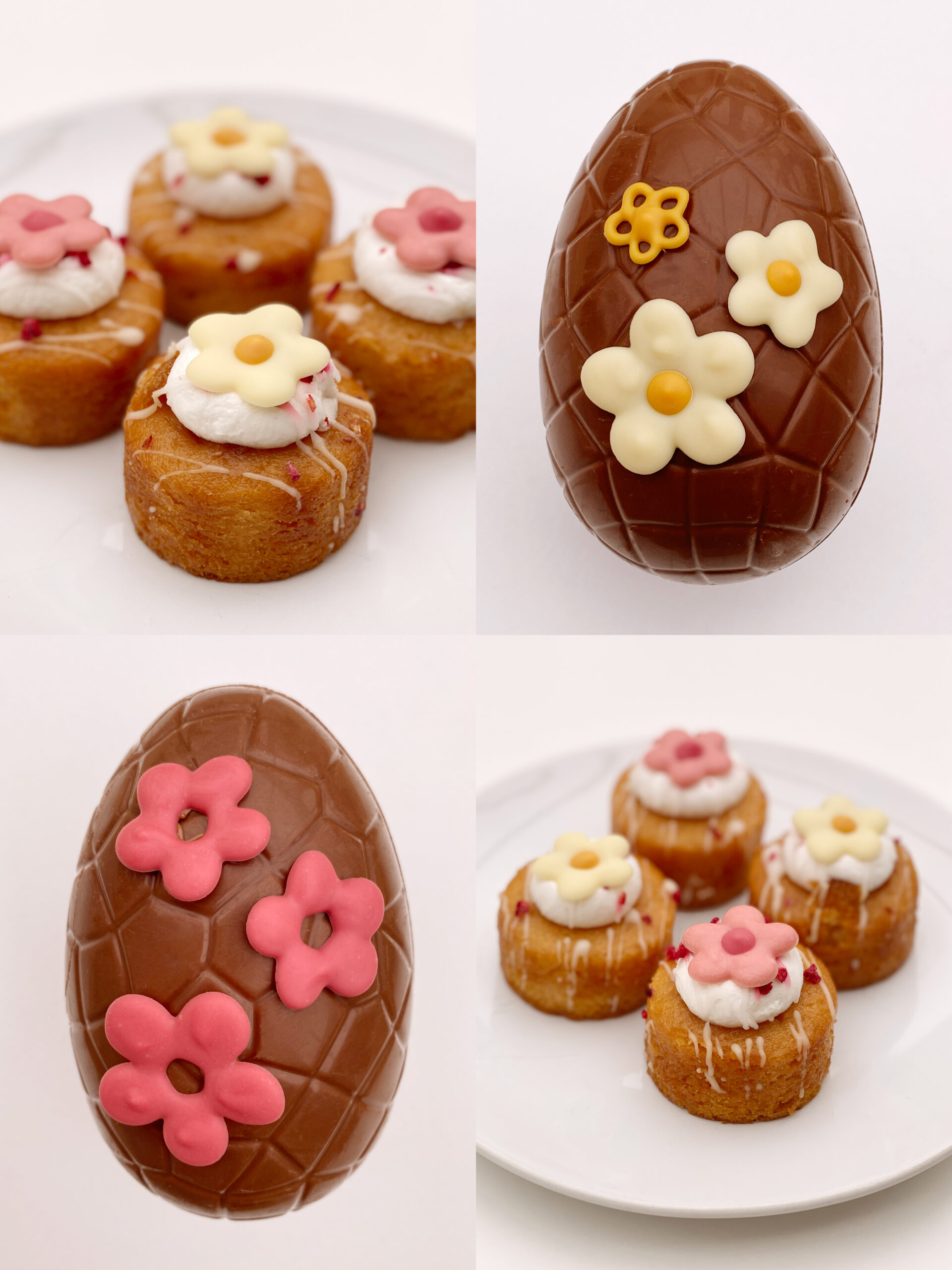 Piped chocolate flower decorations on some mini spring cakes for Mother's Day and Easter Eggs, by For Creatives' Sake