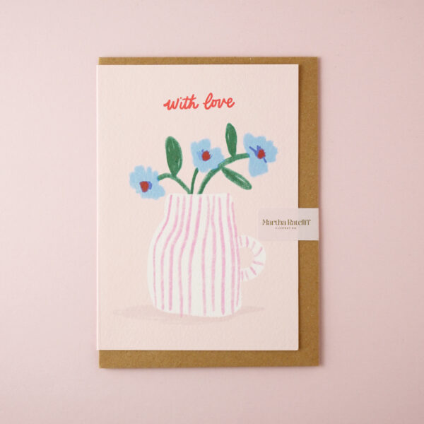 'With love' illustrated card by Martha Ratcliff Illustration, with an illustration of a vase of blue flowers on the front. The envelope is brown kraft.